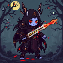 An Aasimar Bloodhunter character depicted in a charming pixel art style, rendered in a classic 8-bit aesthetic