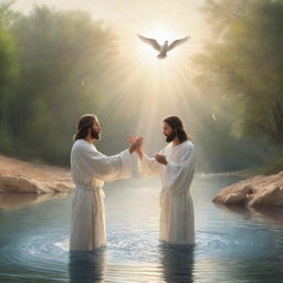 Illustration of the biblical event of Jesus Christ being baptized by John the Baptist in the Jordan river. The moment is depicted with a divine light and the Holy Spirit descending as a dove, signifying a moment of sanctification.