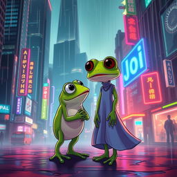 A whimsical and surreal illustration of Pepe the Frog, a popular internet meme character, curiously gazing at Joi, the artificial intelligent holographic companion from Blade Runner 2049