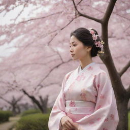 A serene image of a Japanese Muslim adorned in a kimono, standing peacefully as they gaze at a flourishing sakura tree in full bloom