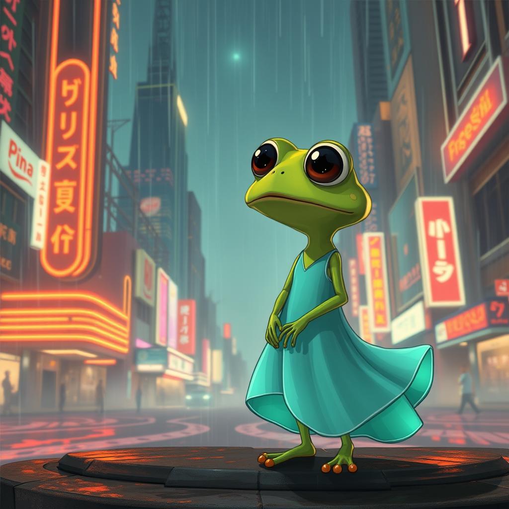 A whimsical and surreal illustration of Pepe the Frog, a popular internet meme character, curiously gazing at Joi, the artificial intelligent holographic companion from Blade Runner 2049