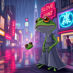 A whimsical and surreal illustration of Pepe the Frog, a popular internet meme character, curiously gazing at Joi, the artificial intelligent holographic companion from Blade Runner 2049