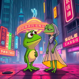 A whimsical and surreal illustration of Pepe the Frog, a popular internet meme character, curiously gazing at Joi, the artificial intelligent holographic companion from Blade Runner 2049