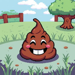 A humorous pixel art representation of a cartoonish pile of poop, designed in a vibrant and playful style