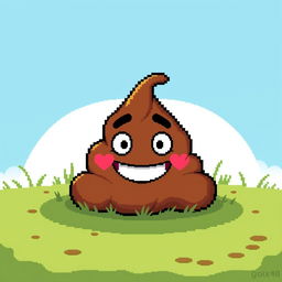 A humorous pixel art representation of a cartoonish pile of poop, designed in a vibrant and playful style