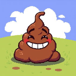 A humorous pixel art representation of a cartoonish pile of poop, designed in a vibrant and playful style