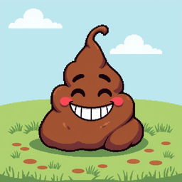 A humorous pixel art representation of a cartoonish pile of poop, designed in a vibrant and playful style