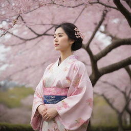 A serene image of a Japanese Muslim adorned in a kimono, standing peacefully as they gaze at a flourishing sakura tree in full bloom