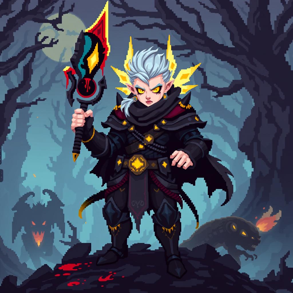 An Aasimar Bloodhunter character illustrated in vibrant pixel art style, featuring an eclectic 8-bit aesthetic