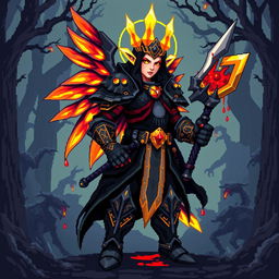 An Aasimar Bloodhunter character illustrated in vibrant pixel art style, featuring an eclectic 8-bit aesthetic