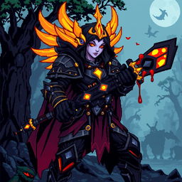 An Aasimar Bloodhunter character illustrated in vibrant pixel art style, featuring an eclectic 8-bit aesthetic