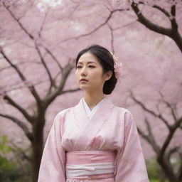 A serene image of a Japanese Muslim adorned in a kimono, standing peacefully as they gaze at a flourishing sakura tree in full bloom