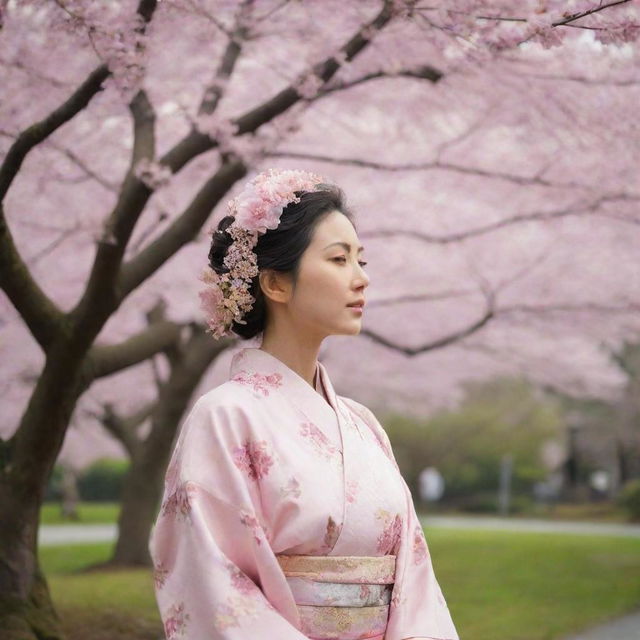 A serene image of a Japanese Muslim adorned in a kimono, standing peacefully as they gaze at a flourishing sakura tree in full bloom