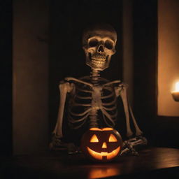 An eerie, fun image of a skeleton with a carved pumpkin serving as its head, radiating a dim, festive light.