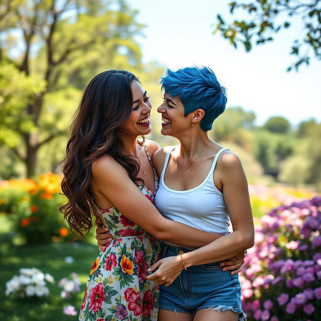 A vibrant and intimate scene of two women sharing a tender moment in a sunlit park, surrounded by blooming flowers