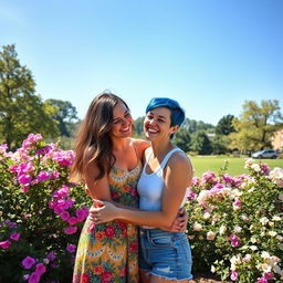 A vibrant and intimate scene of two women sharing a tender moment in a sunlit park, surrounded by blooming flowers