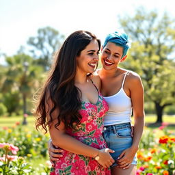 A vibrant and intimate scene of two women sharing a tender moment in a sunlit park, surrounded by blooming flowers