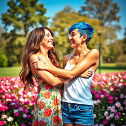 A vibrant and intimate scene of two women sharing a tender moment in a sunlit park, surrounded by blooming flowers