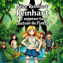 A captivating book cover for 'Alice Reinhardt e o despertar da floreta' by Leonardo Rodrigues