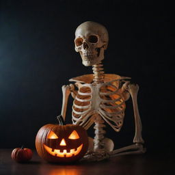 An eerie, fun image of a skeleton with a carved pumpkin serving as its head, radiating a dim, festive light.