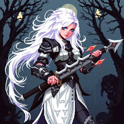 An Aasimar Bloodhunter character illustrated in a captivating pixel art style with an 8-bit aesthetic