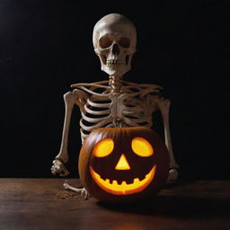 An eerie, fun image of a skeleton with a carved pumpkin serving as its head, radiating a dim, festive light.