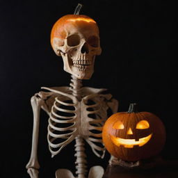 An eerie, fun image of a skeleton with a carved pumpkin serving as its head, radiating a dim, festive light.