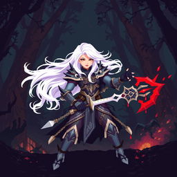 An Aasimar Bloodhunter character illustrated in vibrant pixel art style with a classic 8-bit aesthetic