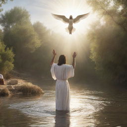 Rendering of a significant biblical event: Jesus Christ being baptized by John the Baptist in the Jordan River. The scene radiates divine light, and the Holy Spirit appears as a dove, capturing the sanctified essence of the moment.