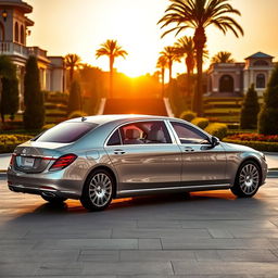 A luxurious Mercedes-Maybach Classe S parked in a lavish setting under soft golden sunset light, showcasing its sleek, elegant design and premium features