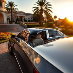 A luxurious Mercedes-Maybach Classe S parked in a lavish setting under soft golden sunset light, showcasing its sleek, elegant design and premium features