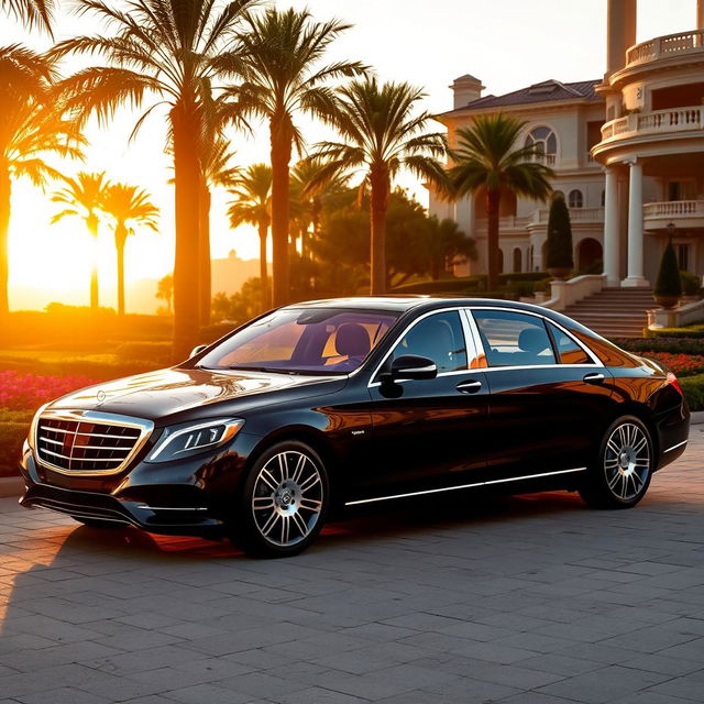 A luxurious Mercedes-Maybach Classe S parked in a lavish setting under soft golden sunset light, showcasing its sleek, elegant design and premium features