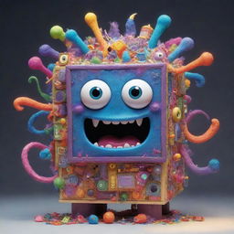 An imaginative, detailed image of a Wubbox, a musical monster with a box-like structure, colorful lights, and multiple elements creating an organized chaos.