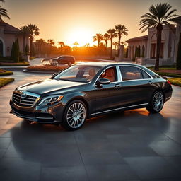 A luxurious Mercedes-Maybach Classe S parked in a lavish setting under soft golden sunset light, showcasing its sleek, elegant design and premium features