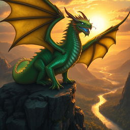 A majestic Dungeons & Dragons dragon, scales glistening in vibrant shades of emerald green and gold, perched atop a rocky cliff with a breathtaking fantasy landscape in the background