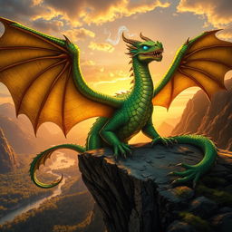 A majestic Dungeons & Dragons dragon, scales glistening in vibrant shades of emerald green and gold, perched atop a rocky cliff with a breathtaking fantasy landscape in the background