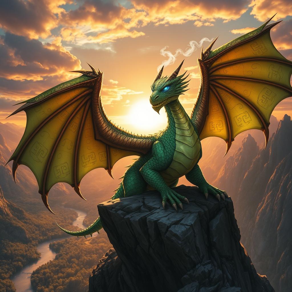 A majestic Dungeons & Dragons dragon, scales glistening in vibrant shades of emerald green and gold, perched atop a rocky cliff with a breathtaking fantasy landscape in the background