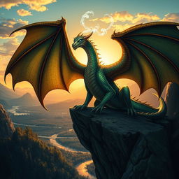 A majestic Dungeons & Dragons dragon, scales glistening in vibrant shades of emerald green and gold, perched atop a rocky cliff with a breathtaking fantasy landscape in the background