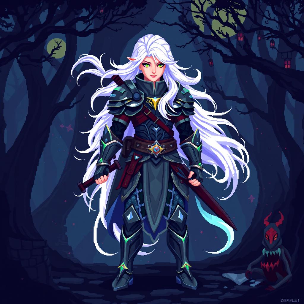 An Aasimar Hunter character depicted in vibrant pixel art style with a classic 8-bit aesthetic