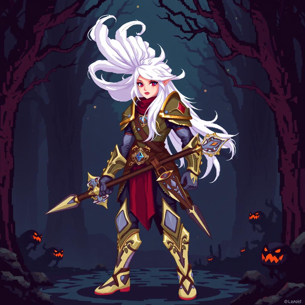 An Aasimar Hunter character depicted in vibrant pixel art style with a classic 8-bit aesthetic