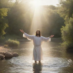 Rendering of a significant biblical event: Jesus Christ being baptized by John the Baptist in the Jordan River. The scene radiates divine light, and the Holy Spirit appears as a dove, capturing the sanctified essence of the moment.