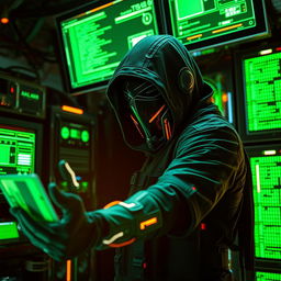 A mysterious figure with a covered face engaged in a cyber attack