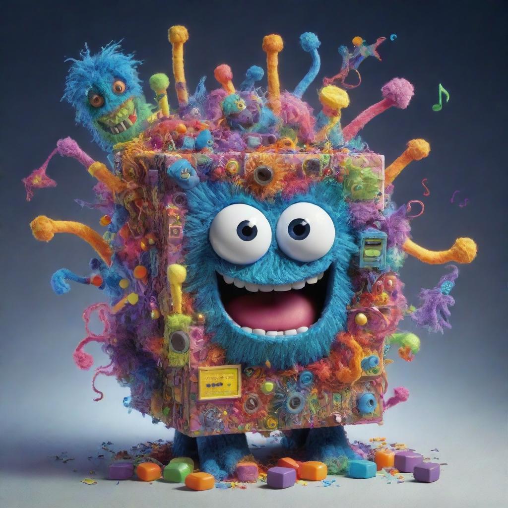 An imaginative, detailed image of a Wubbox, a musical monster with a box-like structure, colorful lights, and multiple elements creating an organized chaos.