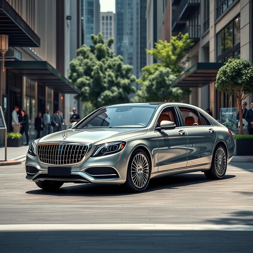 A stunning Mercedes-Maybach luxury sedan displayed in an upscale urban environment, surrounded by modern architecture and vibrant city life