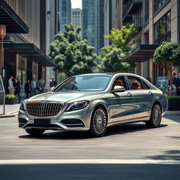 A stunning Mercedes-Maybach luxury sedan displayed in an upscale urban environment, surrounded by modern architecture and vibrant city life