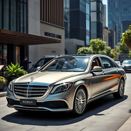 A stunning Mercedes-Maybach luxury sedan displayed in an upscale urban environment, surrounded by modern architecture and vibrant city life