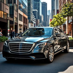 A stunning Mercedes-Maybach luxury sedan displayed in an upscale urban environment, surrounded by modern architecture and vibrant city life