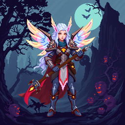 An Aasimar Hunter character depicted in stunning pixel art style with a classic 8-bit aesthetic