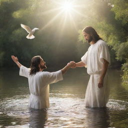 Rendering of a significant biblical event: Jesus Christ being baptized by John the Baptist in the Jordan River. The scene radiates divine light, and the Holy Spirit appears as a dove, capturing the sanctified essence of the moment.