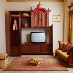 Cozy living room featuring a TV unit, comfortable couch, a temple, an almirah (wardrobe), and a center table in a harmonious setup.